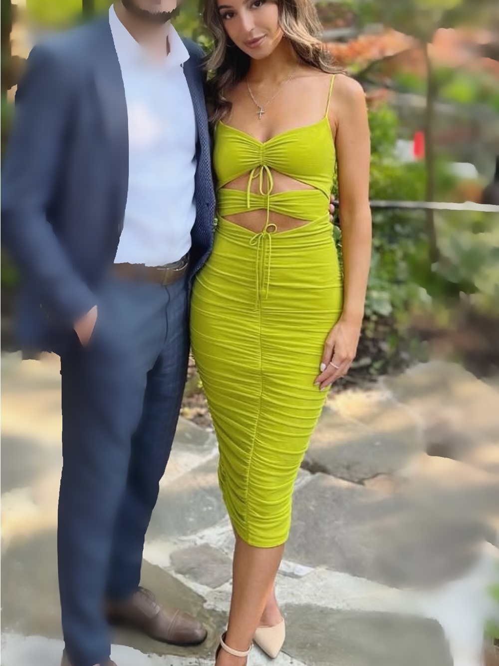Oh Polly Chartreuse Cutout Ruched Midi Dress